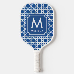 Blau und Weiß   Rattan   Monogramm Pickleball Schläger