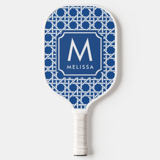 Blau und Weiß | Rattan | Monogramm Pickleball Schläger (Vorderseite)