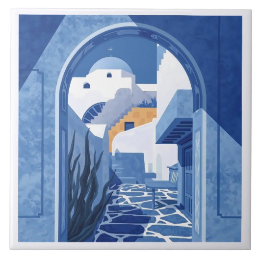 Blau und Weiß Santorini Mittelmeer Azulejo Fliese (Vorderseite)