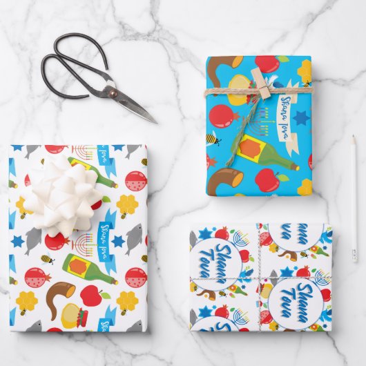 Blau und weiß Shana Tova Geschenkpapier Set (Vorderseite)