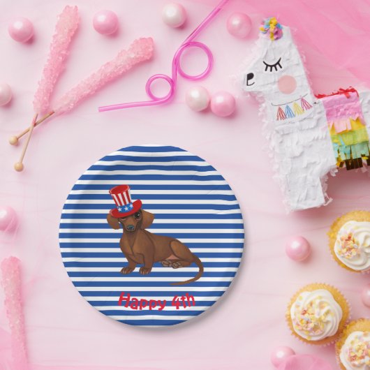 Blau und Weiß Streifen 4. Dackel Juli Teller (Party)