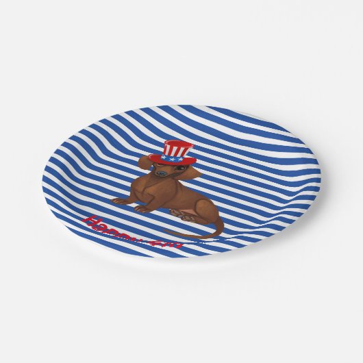 Blau und Weiß Streifen 4. Dackel Juli Teller (Schrägansicht)