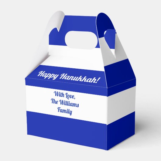 Blau und Weiß Streifen Custom Text Happy Hanukkah Geschenkschachtel (Rückseite)