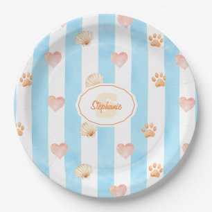 Blau und Weiß Streifen - Herz, Schwarz, Muschel Pappteller