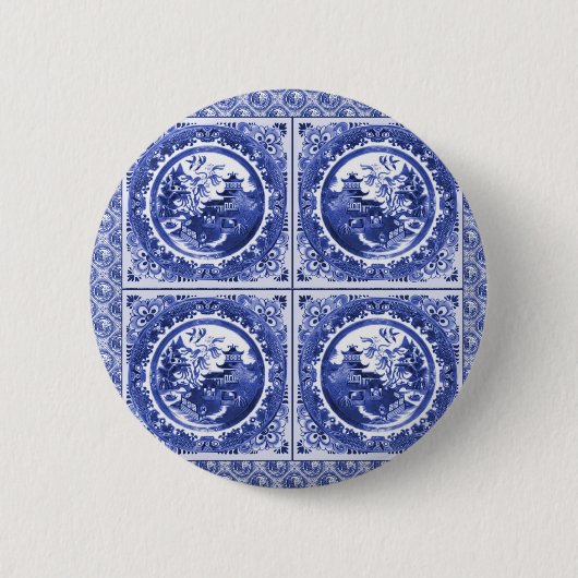 Blau und weiß, Weidemusterentwurf Button (Vorderseite)