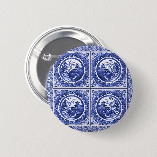 Blau und weiß, Weidemusterentwurf Button (Vorne & Hinten)