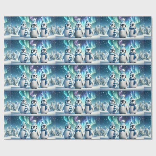 Blau und Weiß Weihnachtspenguine Geschenkpapier (Flach)
