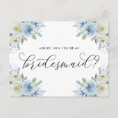 Blau und Weiß werden Sie meine Brautjungfrau sein Ankündigungspostkarte (Vorderseite)