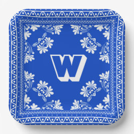 Blau- und Weißbandanasdesign mit Monogramm Pappteller