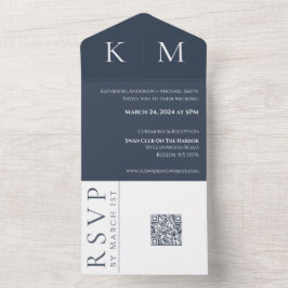 Blau- und Weißmonogramm-Hochzeit All In One Einladung