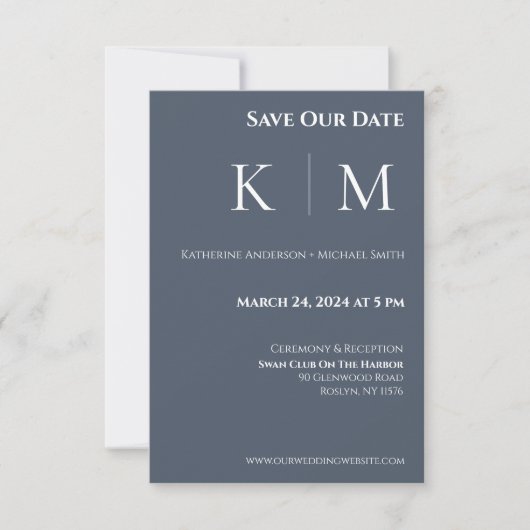 Blau- und Weißmonogramm-Hochzeit Save The Date (Vorderseite)