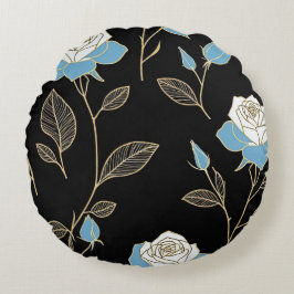 Blau- und Weißrosen mit Goldbesatz Rundes Kissen