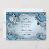 Blau Verzierte Blume Save the Date (Vorderseite)