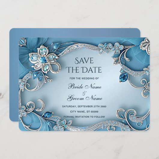 Blau Verzierte Blume Save the Date (Vorne/Hinten)