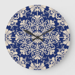 Blau Vintag: Elegantes, nahtloses Muster. Große Wanduhr