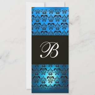 BLAU VIOLETT SCHWARZ DAMAST MONOGRAMM, weiß Einladung