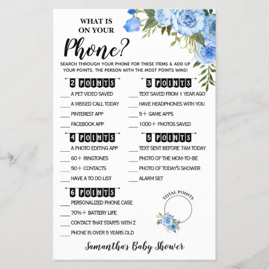Blau Was auf Ihrer Phone Baby Shower Game-Karte is Flyer (Vorne)
