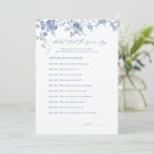 Blau, was der Groom gesagt hat, Bridal Game Cards Einladung (Stehend Vorderseite)