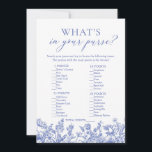 Blau Was ist in deinem Brautparty? Einladung<br><div class="desc">Das Blue Floral What's In Your Purse Brautparty Game ist eine unterhaltsame und interaktive Aktivität. Die Gäste nehmen teil, indem sie ihre Geldbörsen nach bestimmten Artikeln durchsuchen, die auf einer Karte aufgelistet sind, oft bezogen auf die Farbe blau oder Gegenstände, die man normalerweise tragen kann. Dieses Spiel fördert Verlobung und...</div>