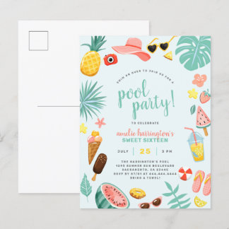Blau | Wassermelone Ananas Tropical Pool Party Einladungspostkarte