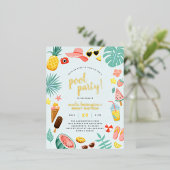 Blau | Wassermelone Ananas Tropical Pool Party Folie Einladungspostkarte (Stehend vorne)