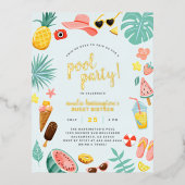 Blau | Wassermelone Ananas Tropical Pool Party Folie Einladungspostkarte (Vorderseite)