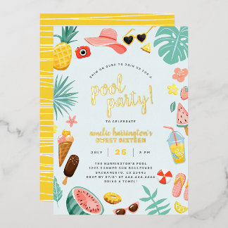 Blau | Wassermelone Ananas Tropical Pool Party Folieneinladung