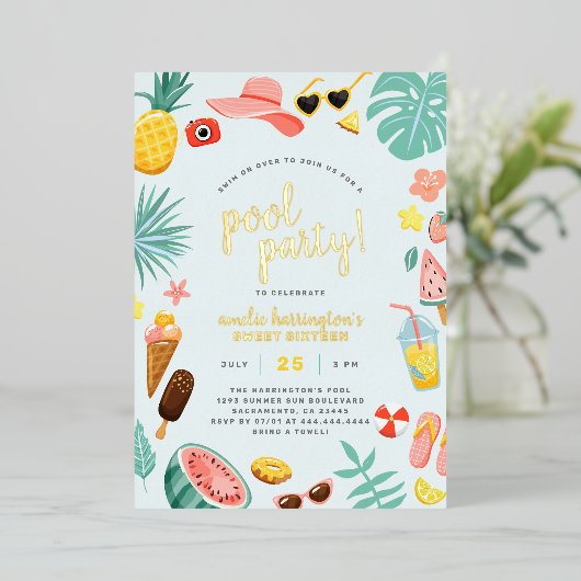 Blau | Wassermelone Ananas Tropical Pool Party Folieneinladung (Stehend vorne)