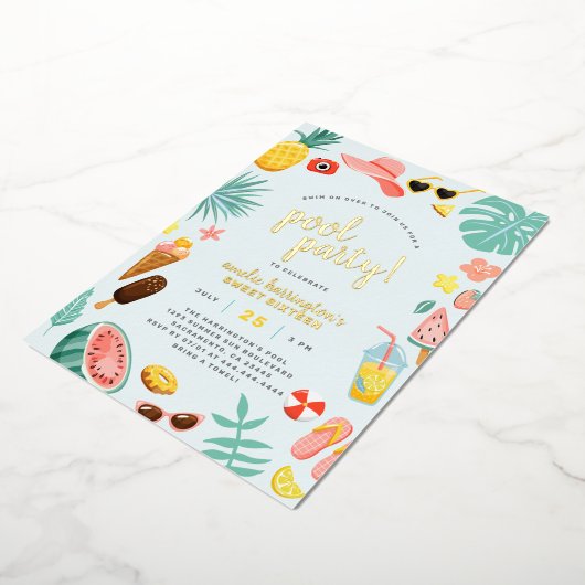 Blau | Wassermelone Ananas Tropical Pool Party Folieneinladung (Gedreht)