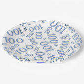 Blau/Weiß 100. Geburtstagsparty-Muster Pappteller (Schrägansicht)