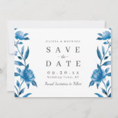 Blau-Weiß-Aquarellblumen Save the Date (Vorderseite)