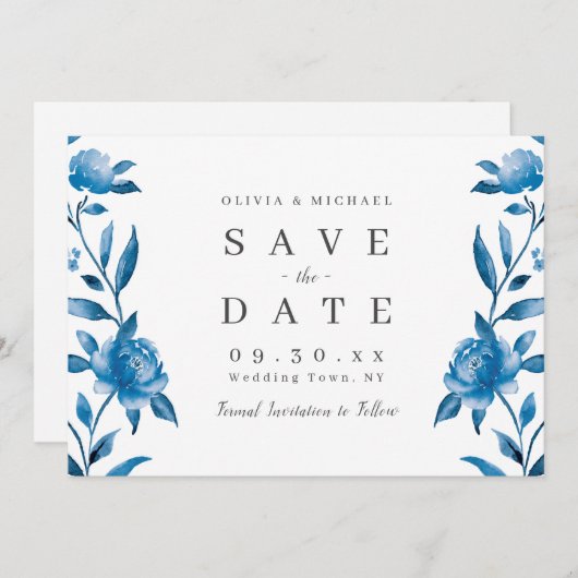 Blau-Weiß-Aquarellblumen Save the Date (Vorne/Hinten)