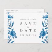 Blau-Weiß-Aquarellblumen Save the Date Ankündigungspostkarte (Vorne/Hinten)