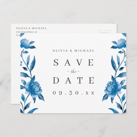 Blau-Weiß-Aquarellblumen Save the Date Ankündigungspostkarte (Vorne/Hinten)