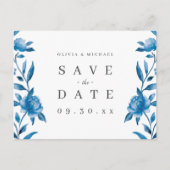 Blau-Weiß-Aquarellblumen Save the Date Ankündigungspostkarte (Vorderseite)