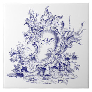 Blau-Weiß-Barock-Rokokos-Kartuschen-Monogramm Fliese