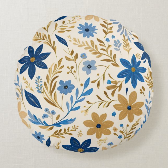 Blau-Weiß-Blumen Rundes Kissen (Vorderseite)