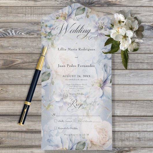 Blau & Weiß Blumen Rustikale Romantik Kein Abendes All In One Einladung