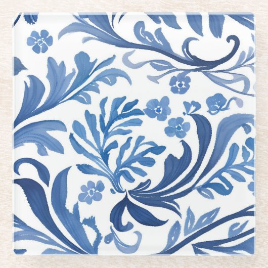 Blau-Weiß-Blumendesign | Chinoiserie Pattern Glasuntersetzer (Vorderseite)