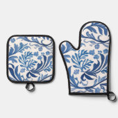 Blau-Weiß-Blumendesign | Chinoiserie Pattern Ofenhandschuh & Topflappen-Set (Vorderseite)