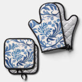 Blau-Weiß-Blumendesign | Chinoiserie Pattern Ofenhandschuh & Topflappen-Set (Vorderseite/Rückseite)