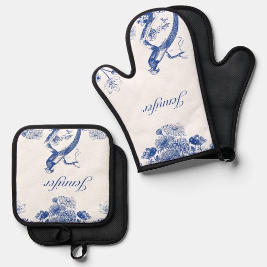 Blau-Weiß-China Muster mit Bird Ofenhandschuh & Topflappen-Set (Vorderseite/Rückseite)