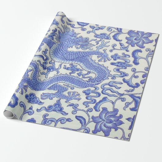 Blau-Weiß-Chinesischer Drache Blumendekoupage Geschenkpapier (Ungerollt)