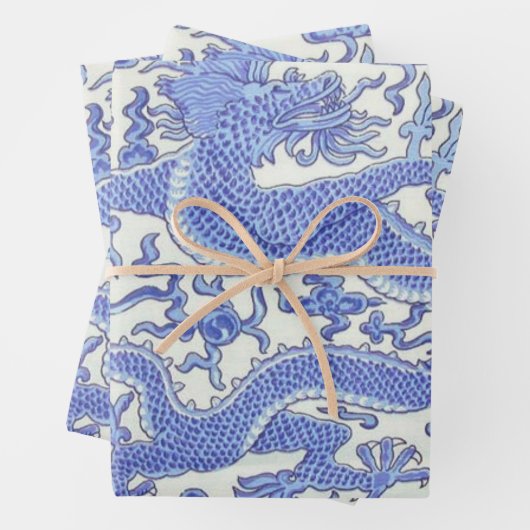 Blau-Weiß-Chinesischer Drache Blumendekoupage Geschenkpapier Set (Beispiel)