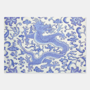 Blau-Weiß-Chinesischer Drache Blumendekoupage Geschenkpapier Set