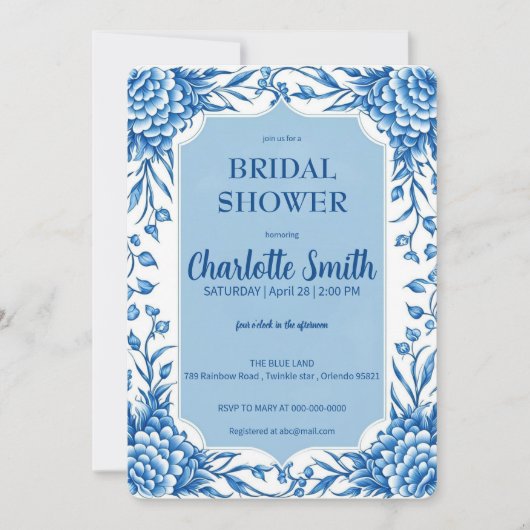 Blau-Weiß Chinoiserie Antik Brautparty Einladung (Vorderseite)