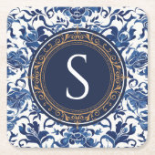 Blau-Weiß-Chinoiserie Blumenmonogramm Rechteckiger Pappuntersetzer (Vorderseite)