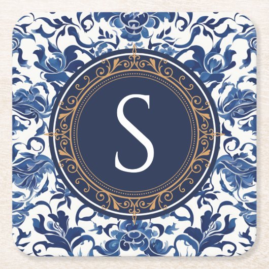 Blau-Weiß-Chinoiserie Blumenmonogramm Rechteckiger Pappuntersetzer (Vorderseite)