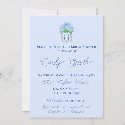 Blau-Weiß Chinoiserie Hydrangea Brautparty Einladung (Vorderseite)