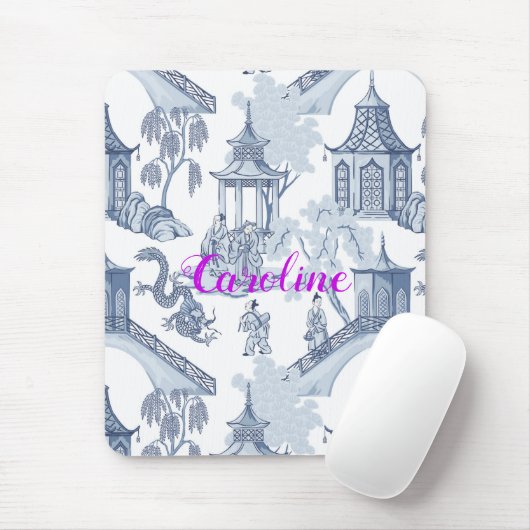 Blau & Weiß Chinoiserie Muster mit Monogramm Mousepad (Mit Mouse)